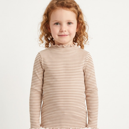 Lilo High Neck Long Sleeve Girls Top - Coffee Stripe
