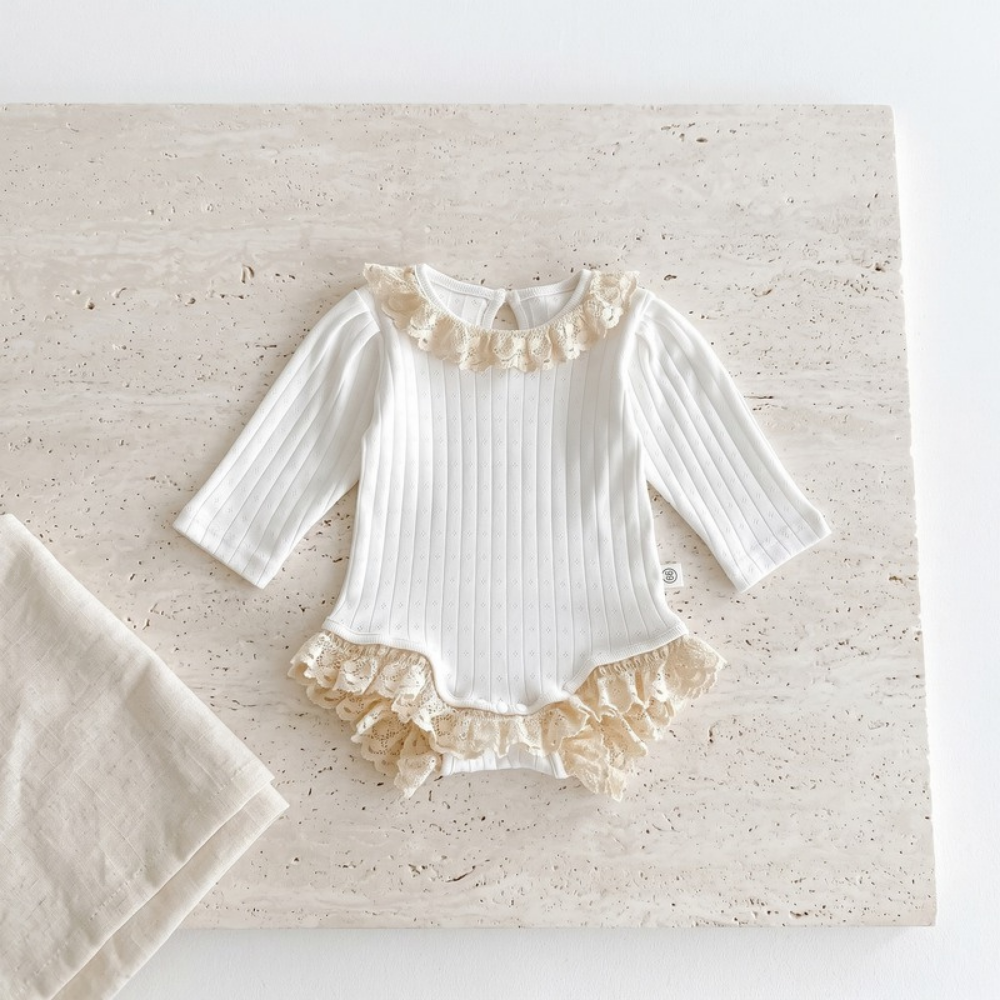Lilo Ribbed Lace Trim Romper - White