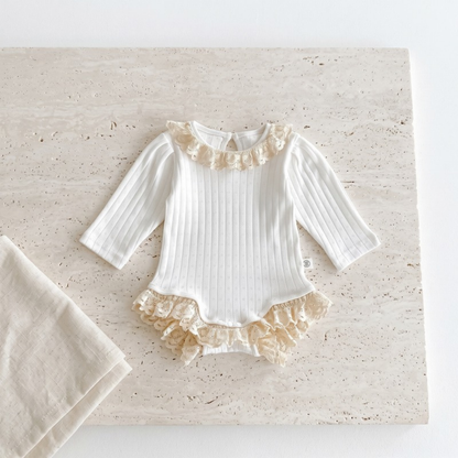 Lilo Ribbed Lace Trim Romper - White