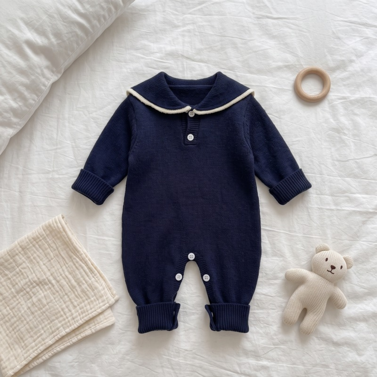 Lilo Sailor Collar Knit Romper - Navy