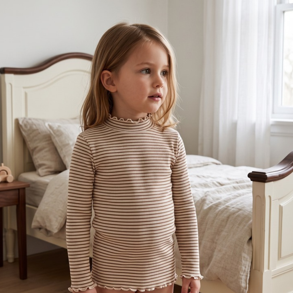 Lilo High Neck Long Sleeve Girls Top - Coffee Stripe
