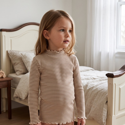 Lilo High Neck Long Sleeve Girls Top - Coffee Stripe