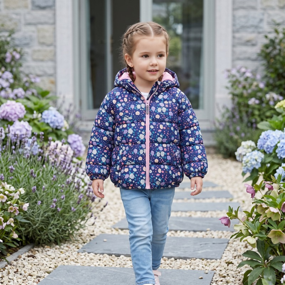 Lilo Floral Print Fleece Lined Hooded Coat - Navy Blue