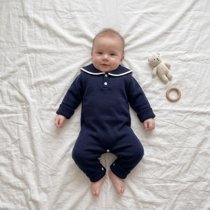 Lilo Sailor Collar Knit Romper - Navy