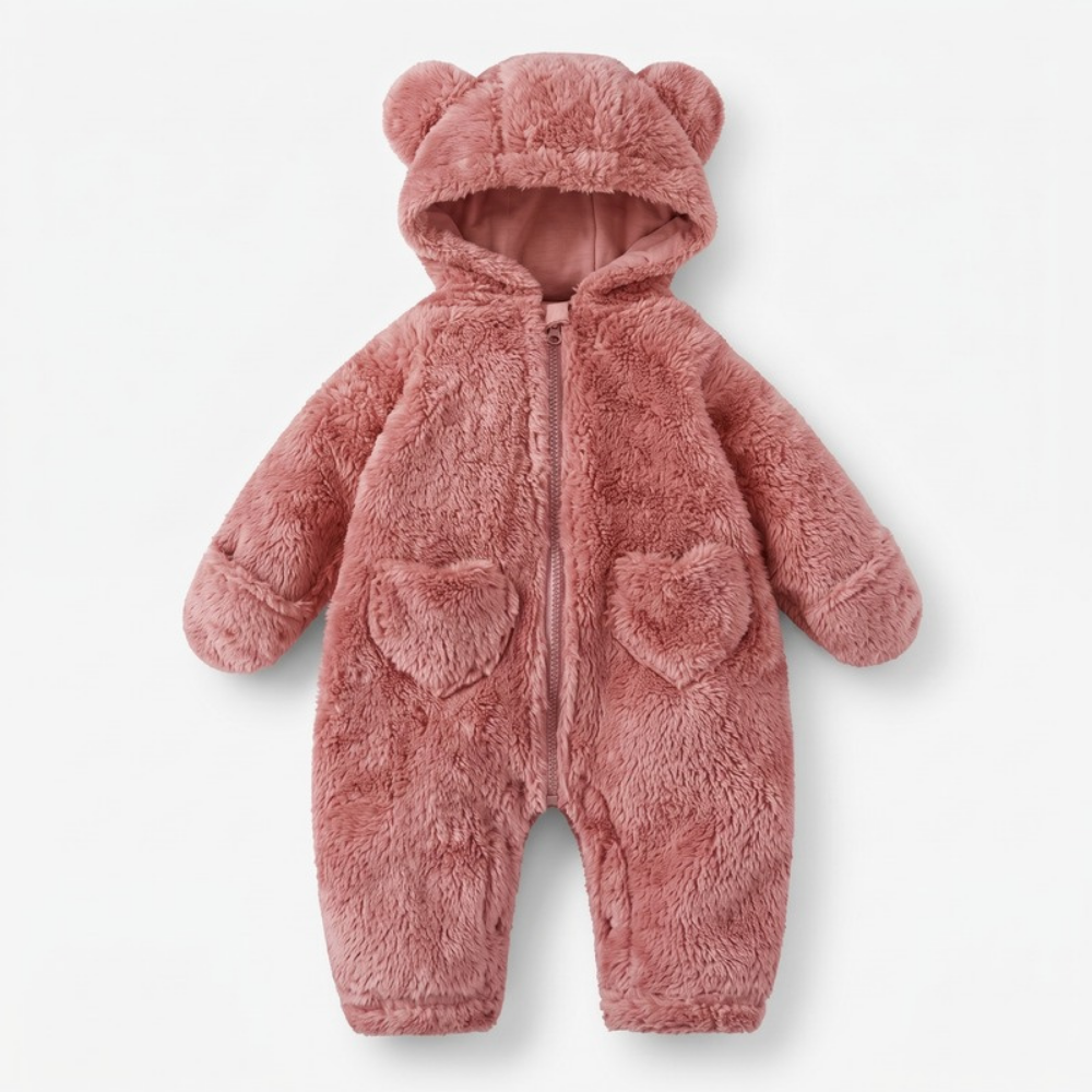 Lilo Bear Hooded Fleece Romper - Dusty Rose