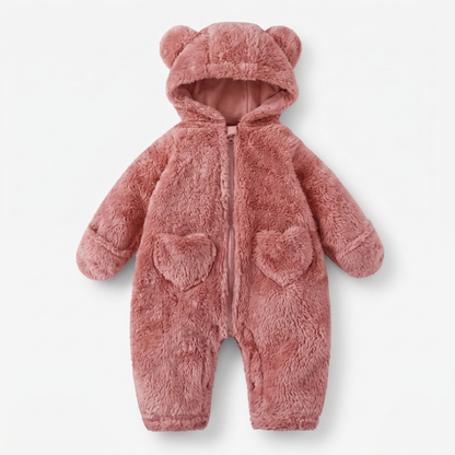 Lilo Bear Hooded Fleece Romper - Dusty Rose