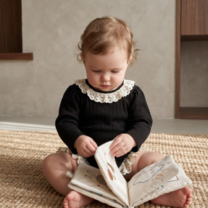Lilo Ribbed Lace Trim Romper - Black