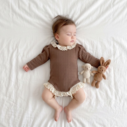 Lilo Ribbed Lace Trim Romper - Brown