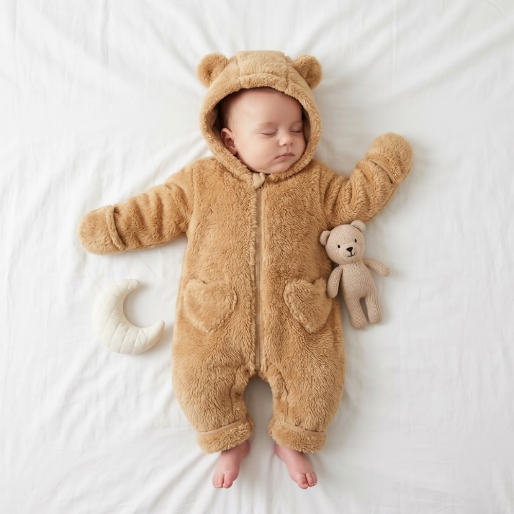 Lilo Bear Hooded Fleece Romper - Camel