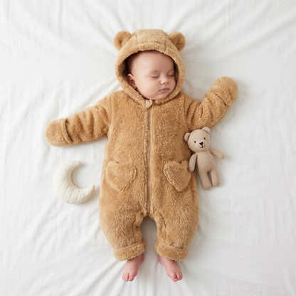 Lilo Bear Hooded Fleece Romper - Camel