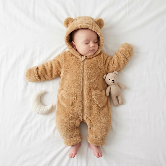 Lilo Bear Hooded Fleece Romper - Camel