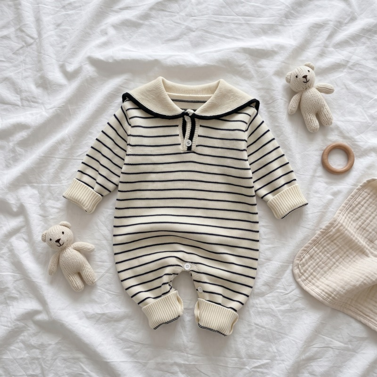 Lilo Sailor Collar Knit Romper - Navy Stripe