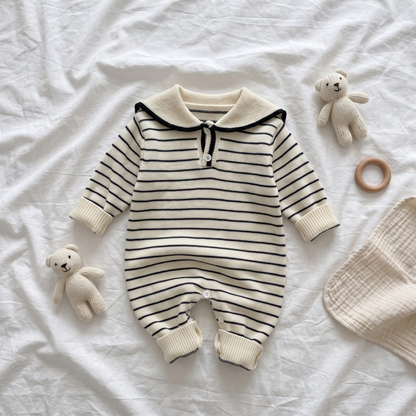 Lilo Sailor Collar Knit Romper - Navy Stripe