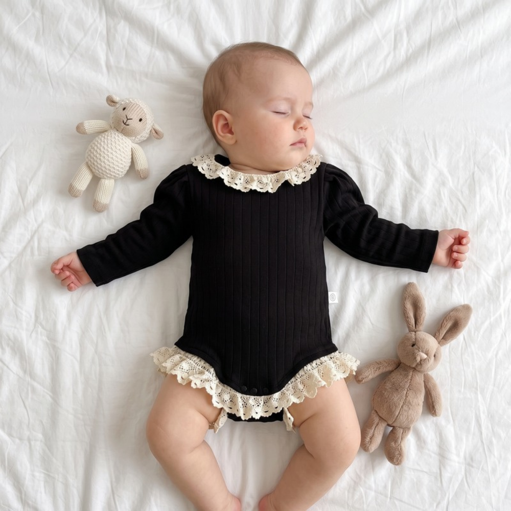 Lilo Ribbed Lace Trim Romper - Black