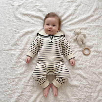 Lilo Sailor Collar Knit Romper - Navy Stripe