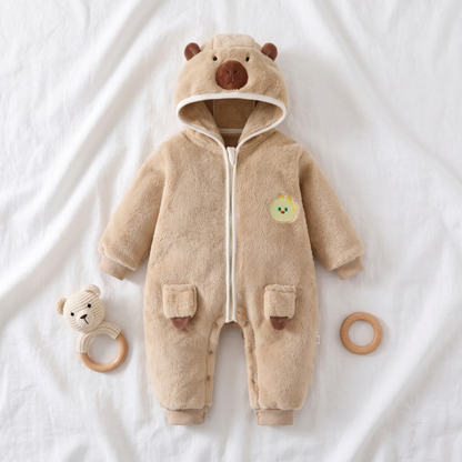 Lilo Hooded Fleece Baby Romper - Tan Capybara