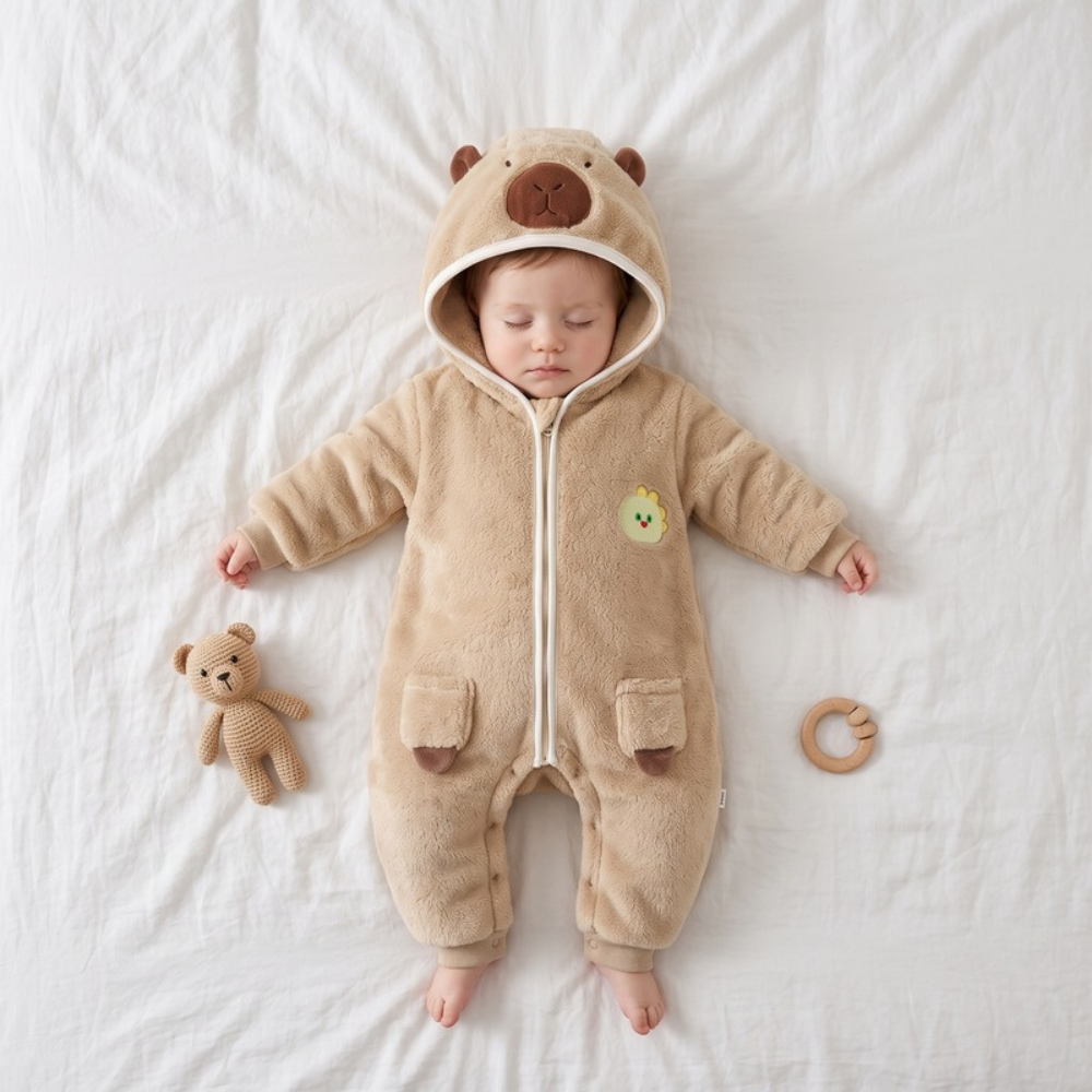 Lilo Hooded Fleece Baby Romper - Tan Capybara