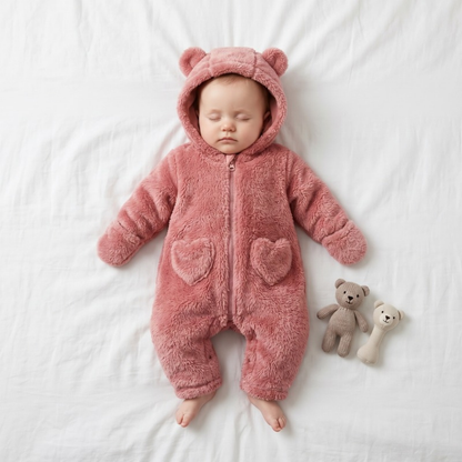 Lilo Bear Hooded Fleece Romper - Dusty Rose