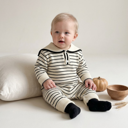 Lilo Sailor Collar Knit Romper - Navy Stripe