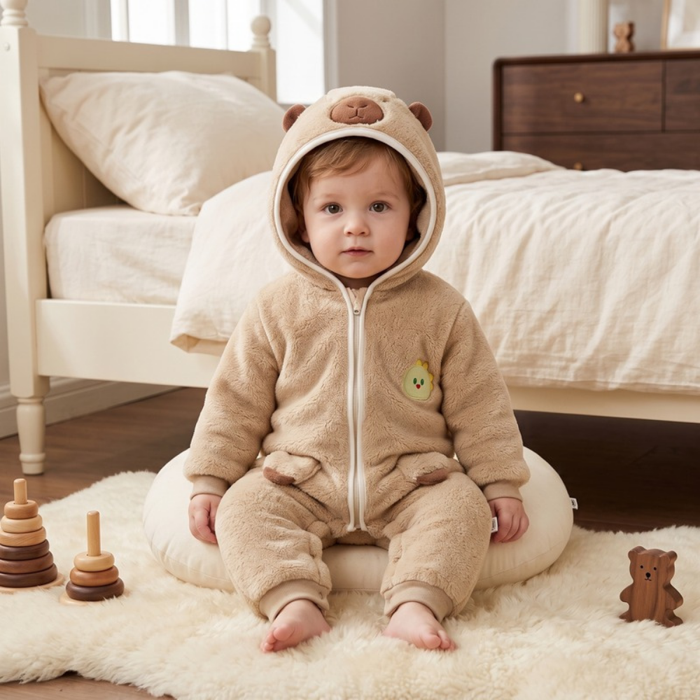 Lilo Hooded Fleece Baby Romper - Tan Capybara
