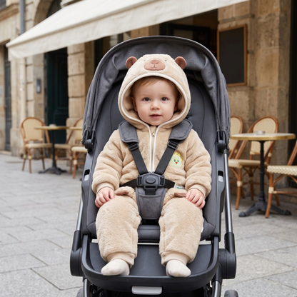 Lilo Hooded Fleece Baby Romper - Tan Capybara