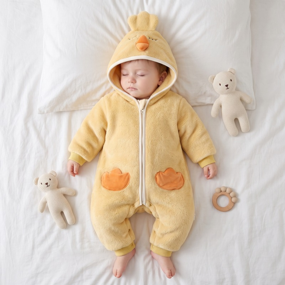 Lilo Hooded Fleece Baby Romper - Yellow Chick