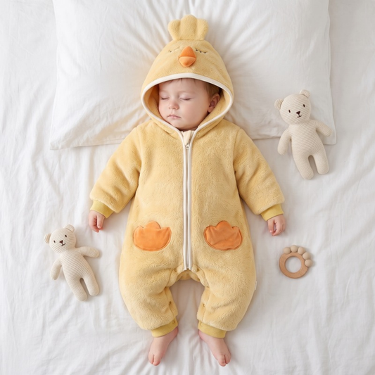 Lilo Hooded Fleece Baby Romper - Yellow Chick