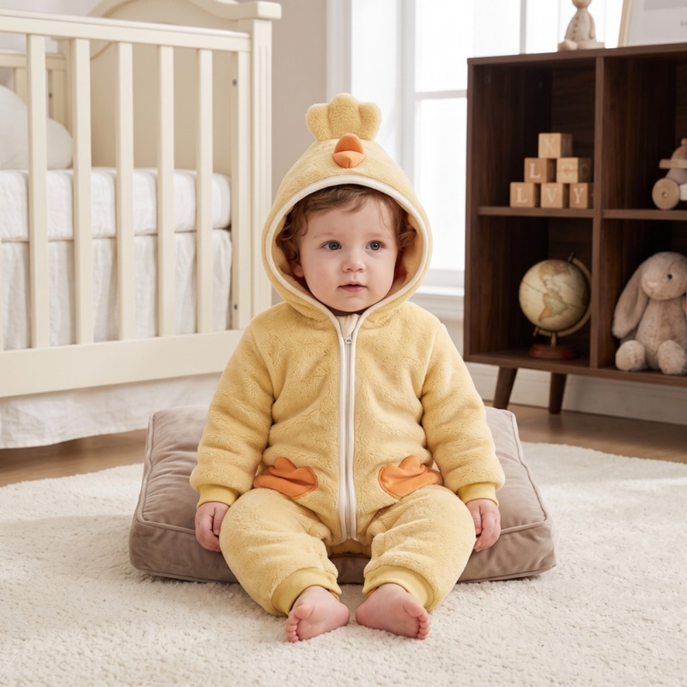 Lilo Hooded Fleece Baby Romper - Yellow Chick