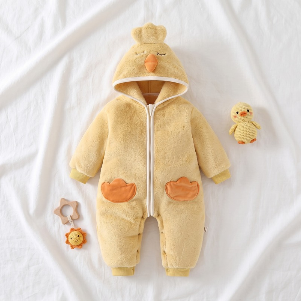Lilo Hooded Fleece Baby Romper - Yellow Chick