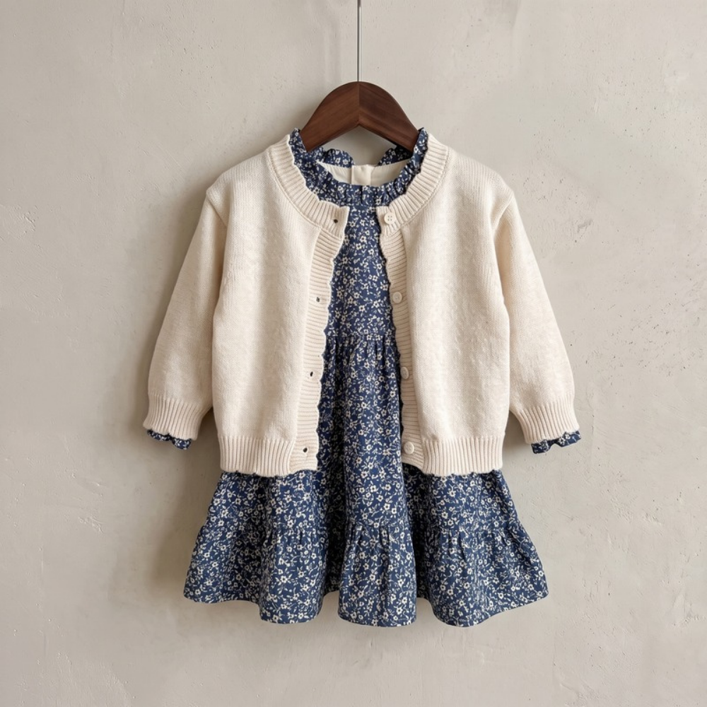 Lilo Crochet Knit Cardigan and Floral Dress Set - Ivory Navy Floral