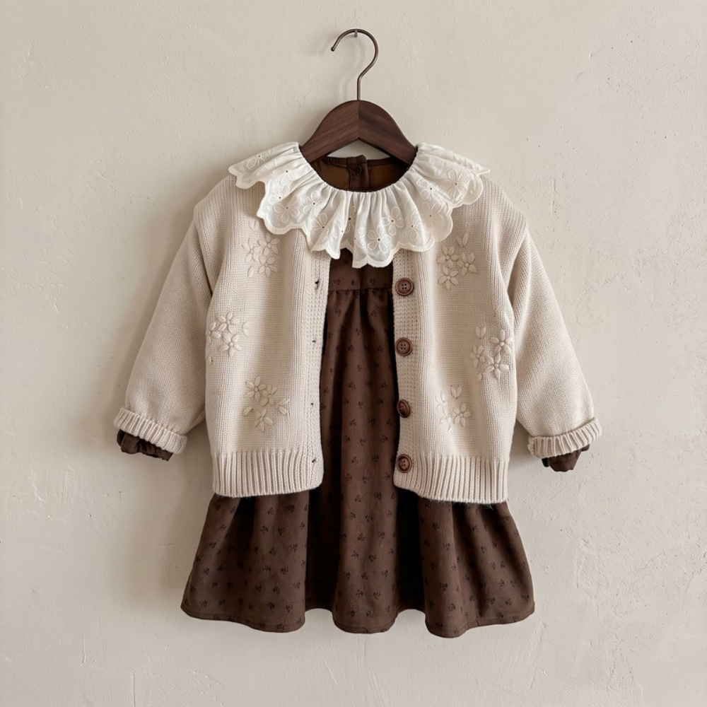 Lilo Crochet Knit Cardigan and Floral Dress Set - Coffee