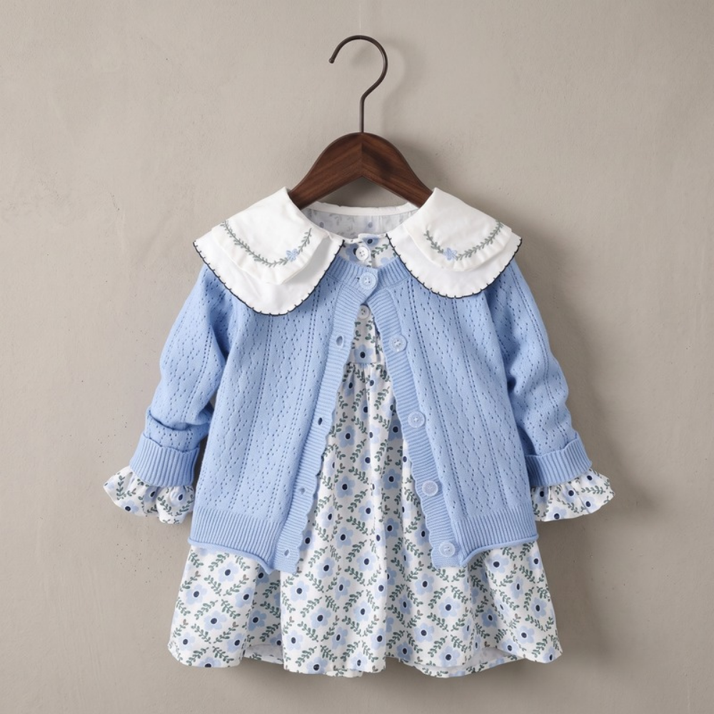 Lilo Crochet Knit Cardigan and Floral Dress Set - Blue Floral