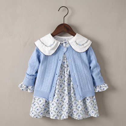 Lilo Crochet Knit Cardigan and Floral Dress Set - Blue Floral