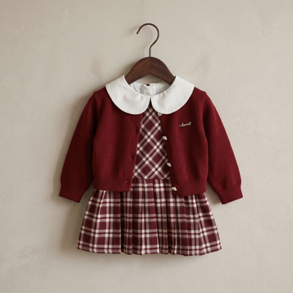 Lilo Crochet Knit Cardigan and Floral Dress Set - Burgundy Plaid