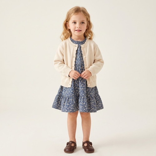 Lilo Crochet Knit Cardigan and Floral Dress Set - Ivory Navy Floral