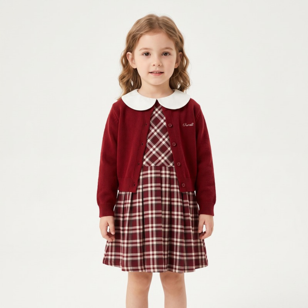 Lilo Crochet Knit Cardigan and Floral Dress Set - Burgundy Plaid