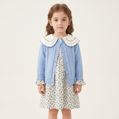 Lilo Crochet Knit Cardigan and Floral Dress Set - Blue Floral