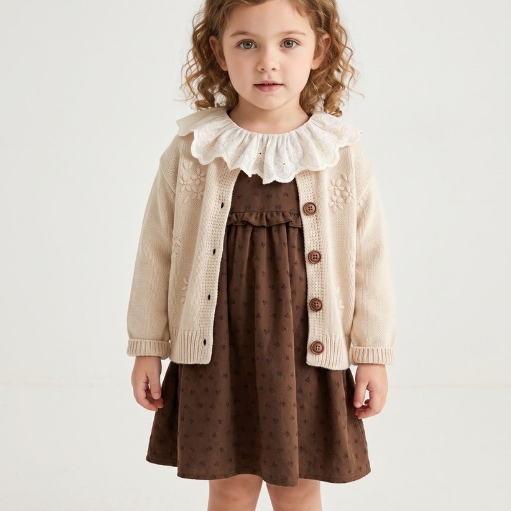 Lilo Crochet Knit Cardigan and Floral Dress Set - Coffee