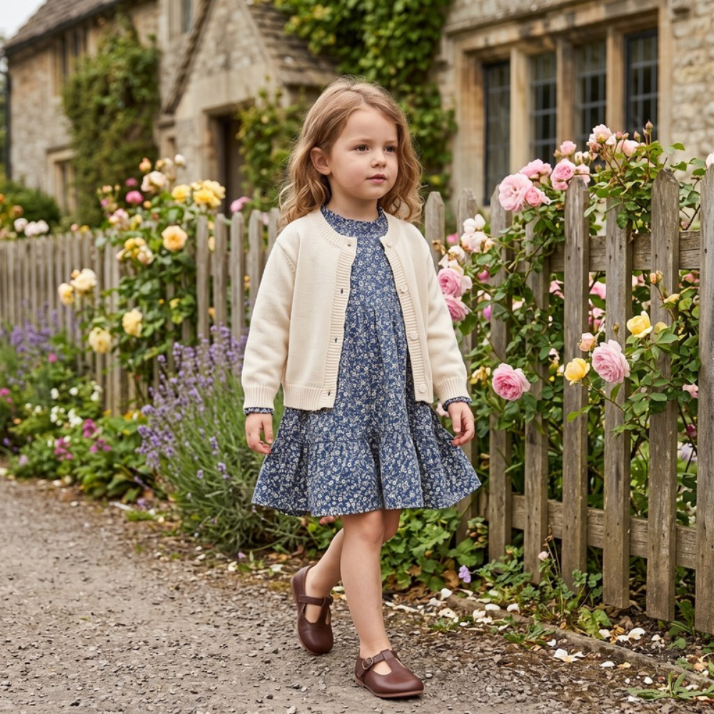 Lilo Crochet Knit Cardigan and Floral Dress Set - Ivory Navy Floral