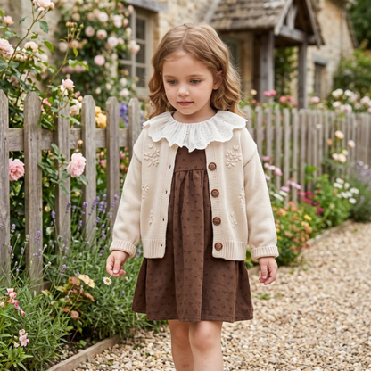 Lilo Crochet Knit Cardigan and Floral Dress Set - Coffee
