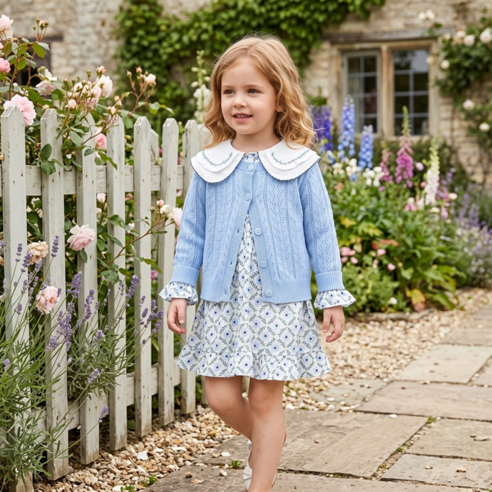 Lilo Crochet Knit Cardigan and Floral Dress Set - Blue Floral