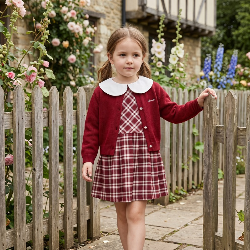 Lilo Crochet Knit Cardigan and Floral Dress Set - Burgundy Plaid