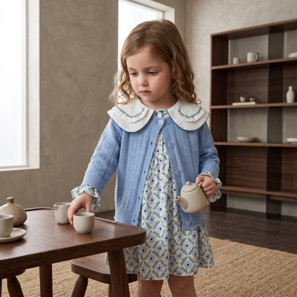 Lilo Crochet Knit Cardigan and Floral Dress Set - Blue Floral