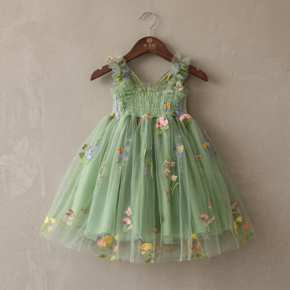 Lilo Embroidered Mesh Party Dress - Sage Green