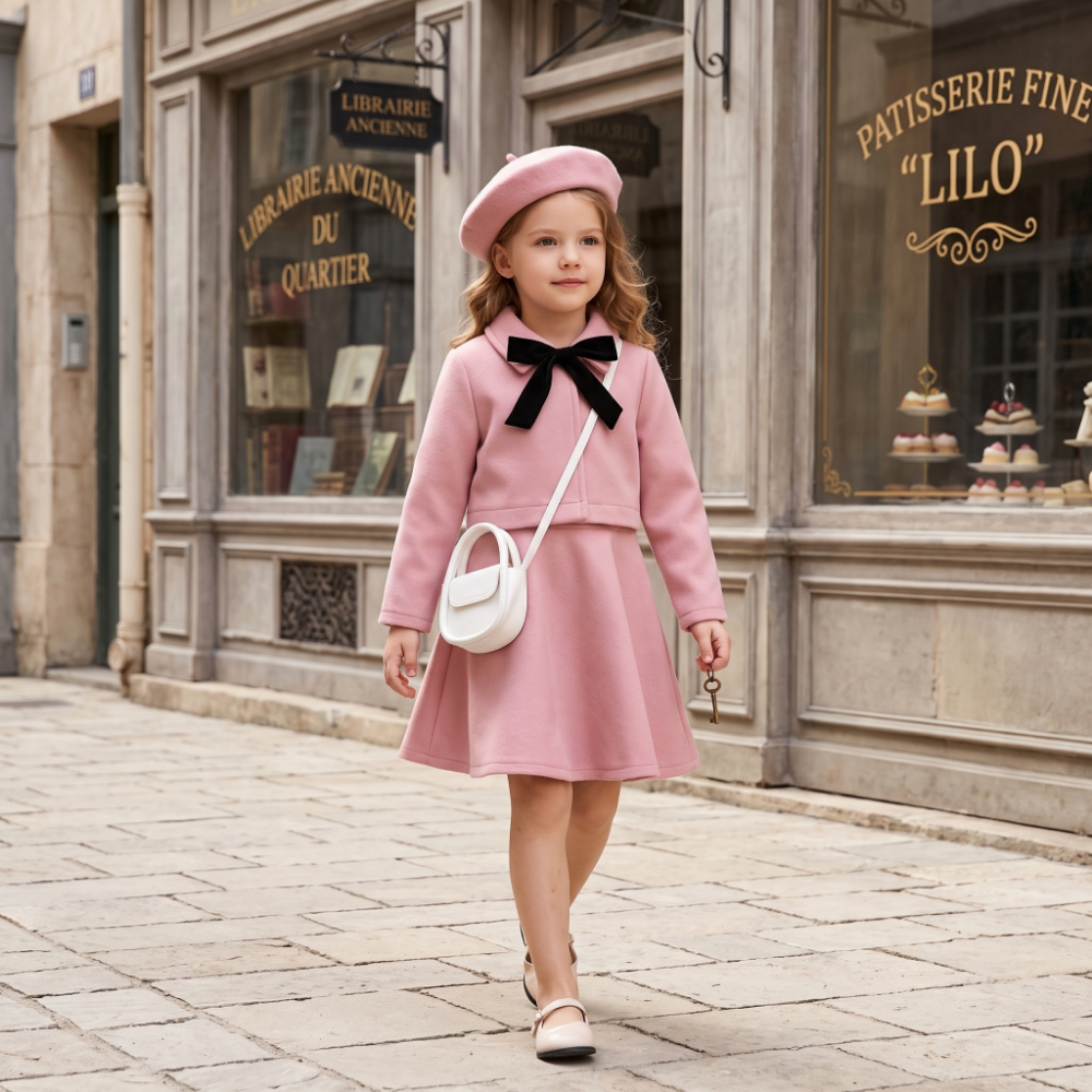 Lilo Bow Wool Vest and Skirt Set - Pink