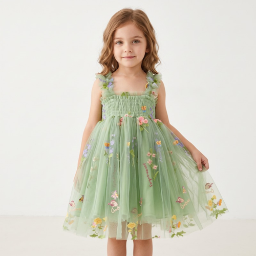 Lilo Embroidered Mesh Party Dress - Sage Green