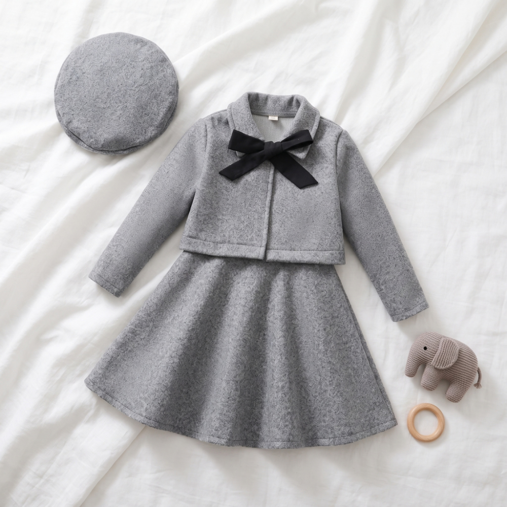Lilo Bow Wool Vest and Skirt Set - Grey