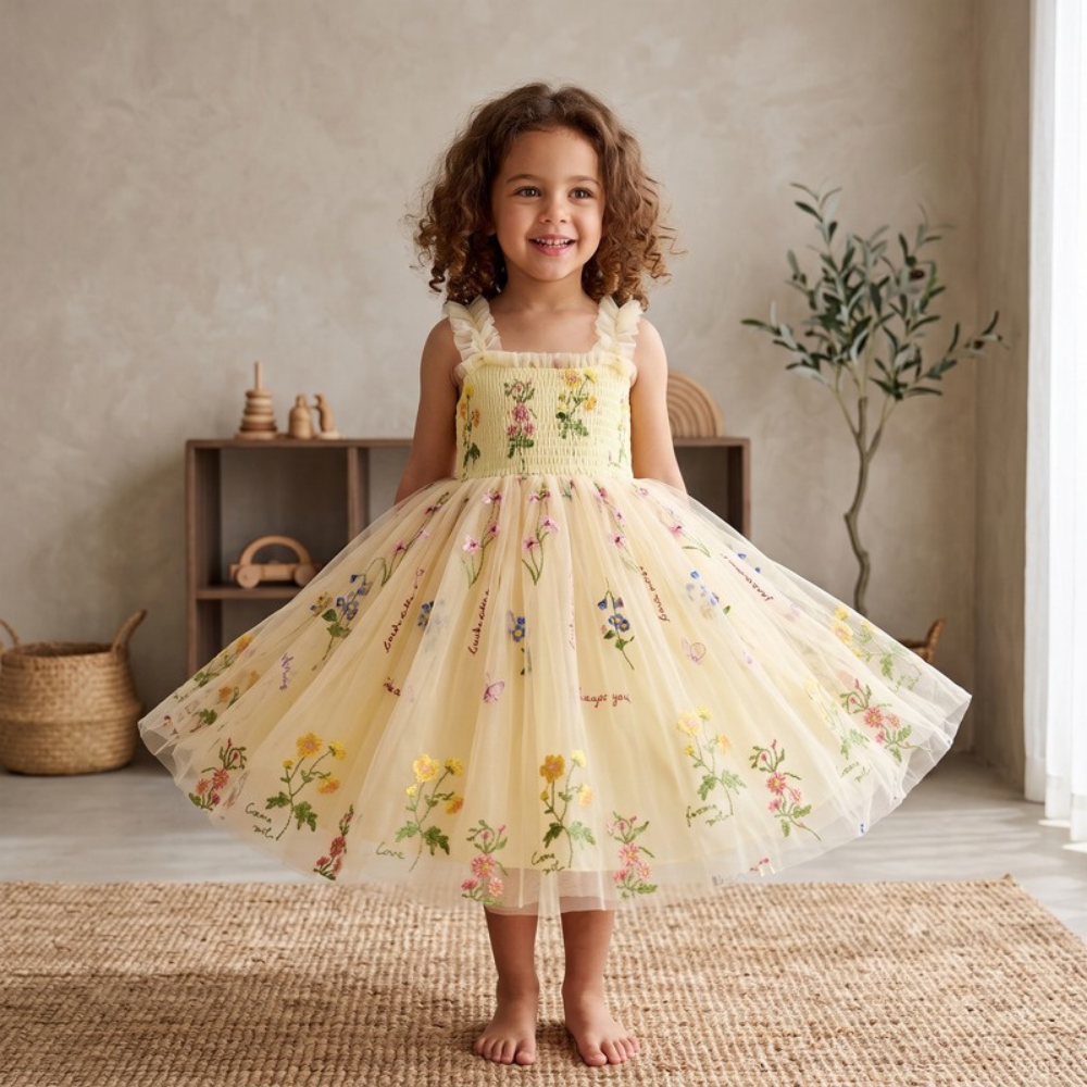 Lilo Embroidered Mesh Party Dress - Light Yellow