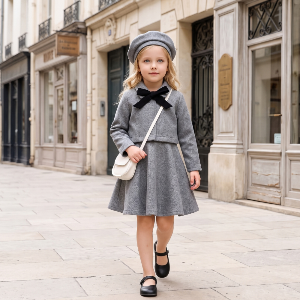 Lilo Bow Wool Vest and Skirt Set - Grey