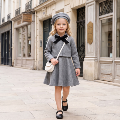Lilo Bow Wool Vest and Skirt Set - Grey